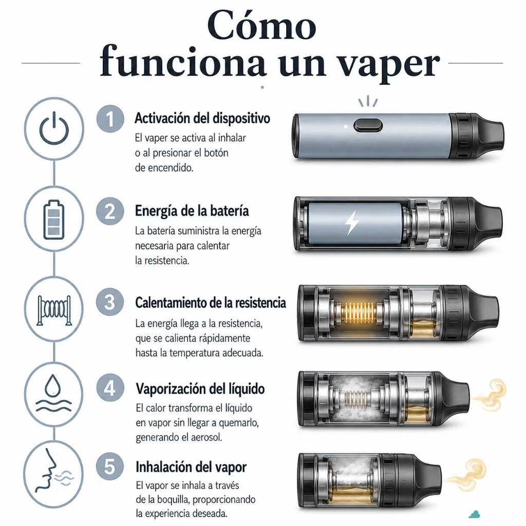 alt imagen: Esquema en corte de un vaper por dentro: batería, resistencia, algodón, depósito y boquilla