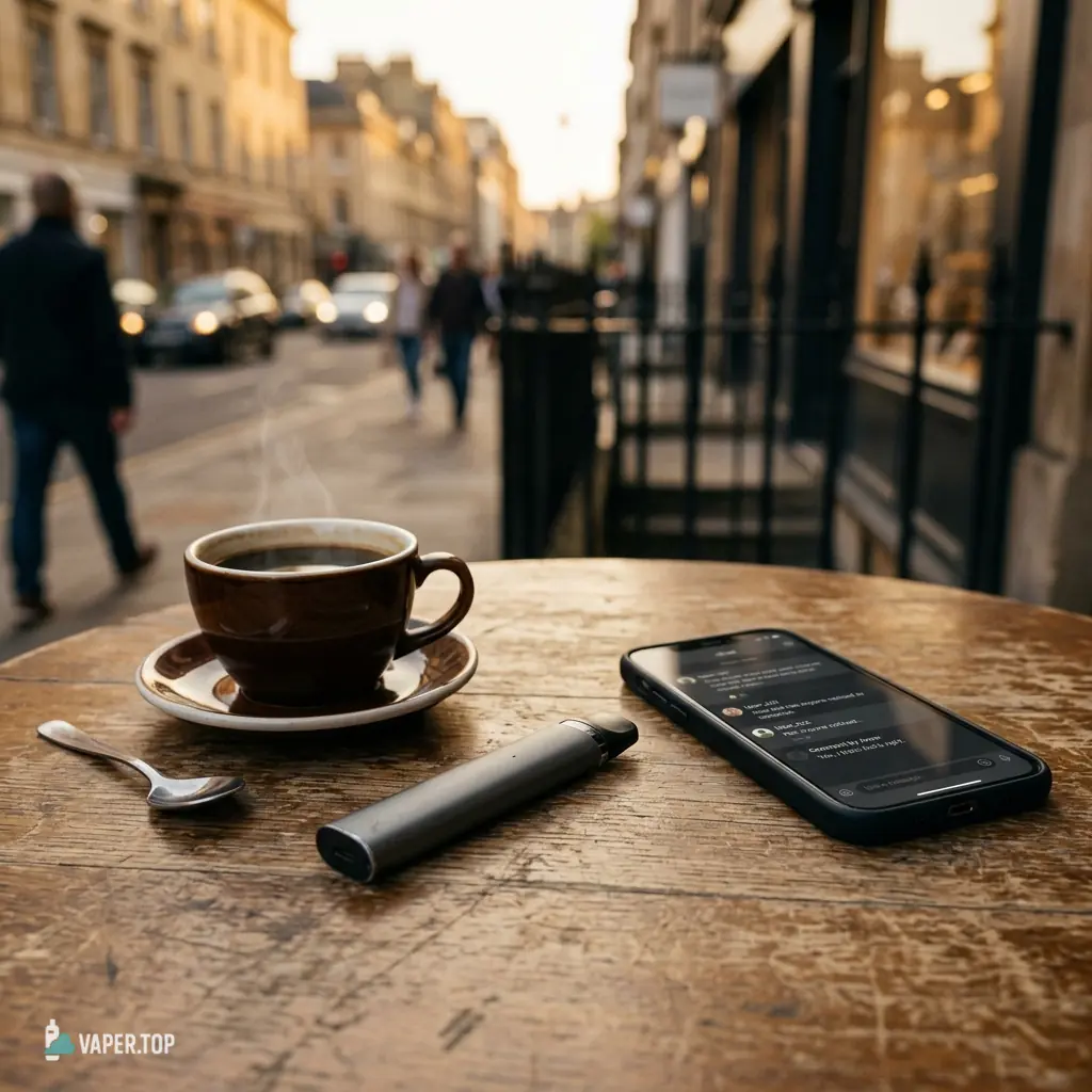 Cultura vaper: dispositivo de vapeo genérico junto a un móvil con un foro abierto