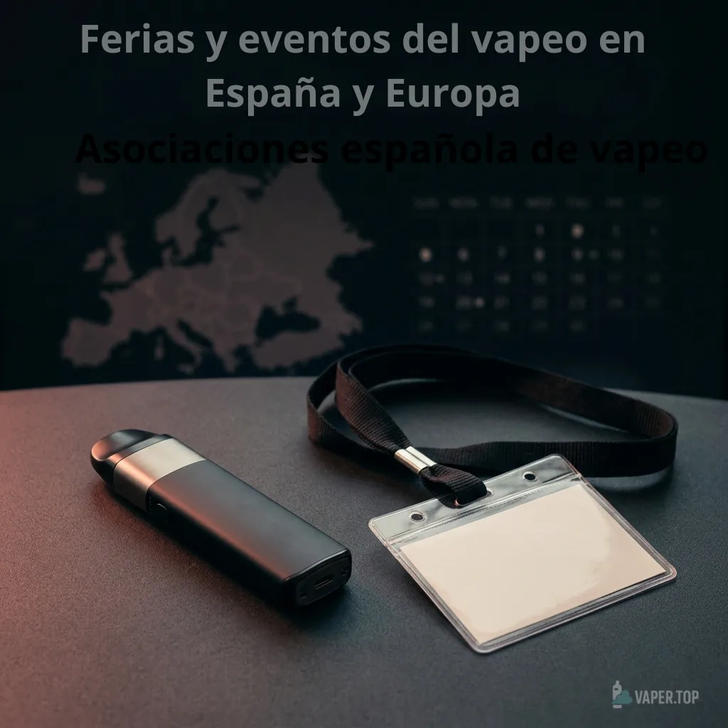 Eventos del vapeo en España y Europa: un dispositivo de vapeo junto a una acreditación de feria profesional y un mapa de Europa