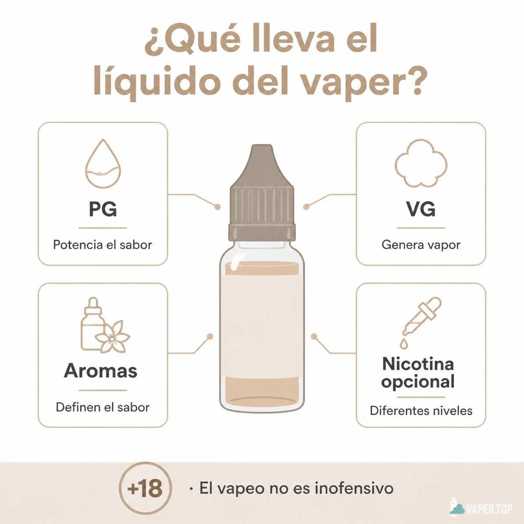 Frasco de e-líquido de vapeo junto a sus bases de PG y VG sobre una mesa