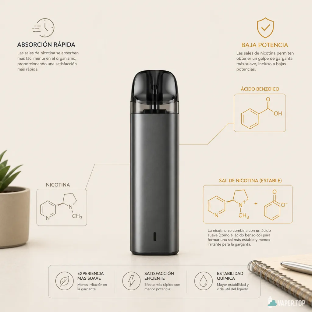 Qué son las sales de nicotina: infografía con su composición, el ácido benzoico y el uso en pods de baja potencia