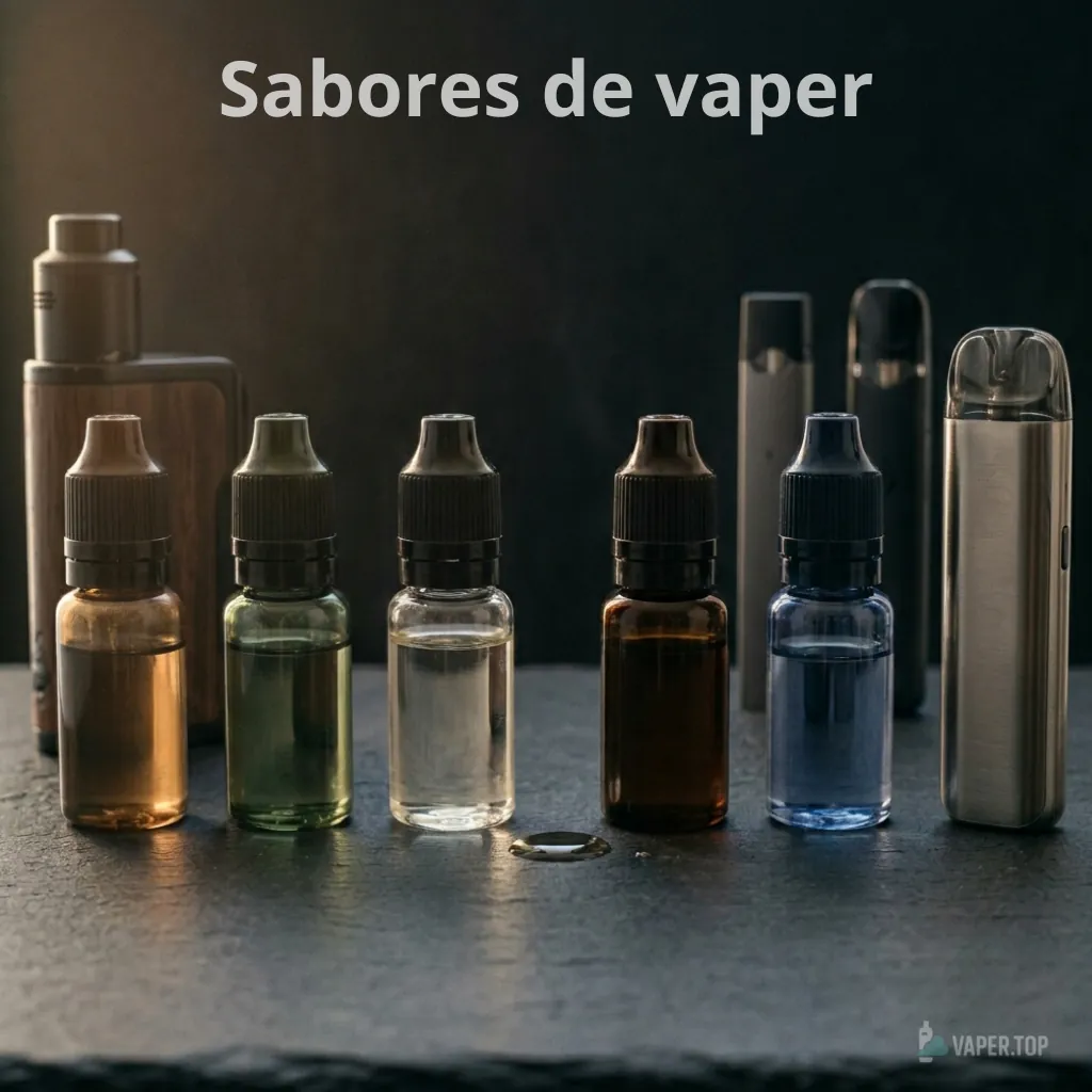 abores de vaper: varios frascos de e-líquido sin marca en tonos distintos,
