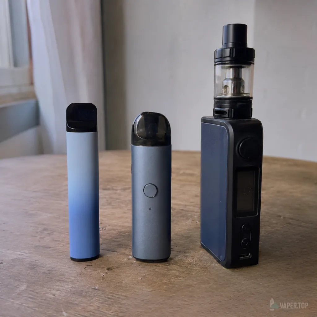 Tipos de vapers alineados: un desechable, un pod y un mod encima de una mesa