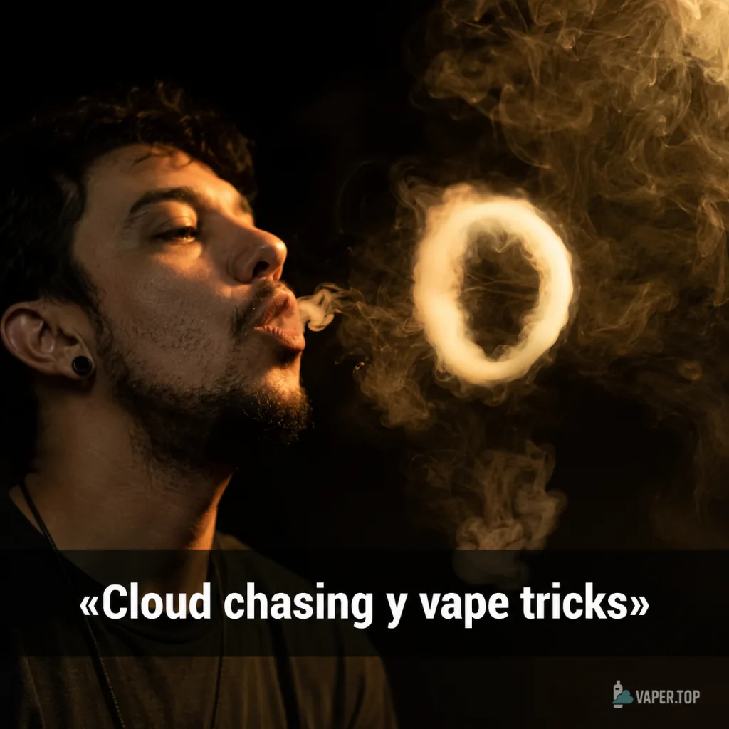 Vape tricks: una persona adulta exhala anillos de vapor sobre un fondo oscuro