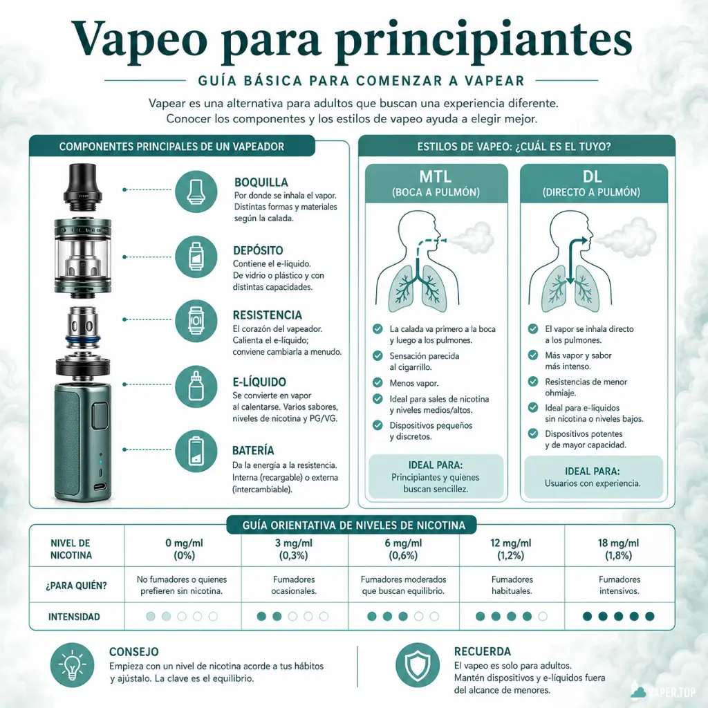 Equipo básico de vapeo para principiantes: un pod y un frasco de e-líquido sobre una mesa